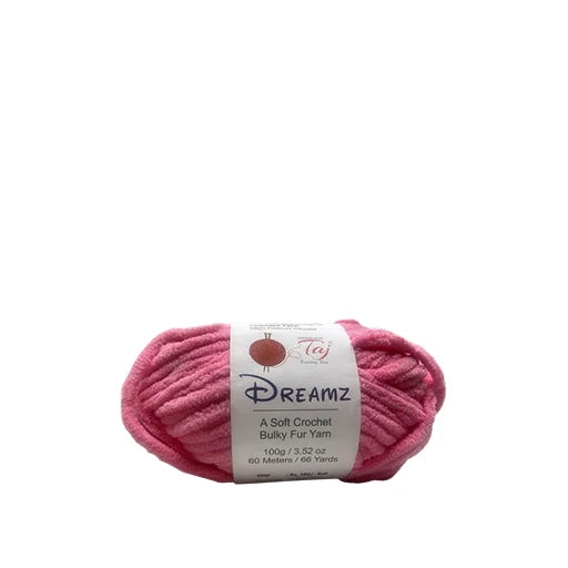 A skein of pink Dreamz Bulky Fur Yarn with its white paper label, set against a plain white background.