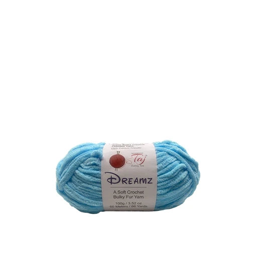 A skein of light blue crocheted yarn with a white paper label reading 'DREAMZ'
