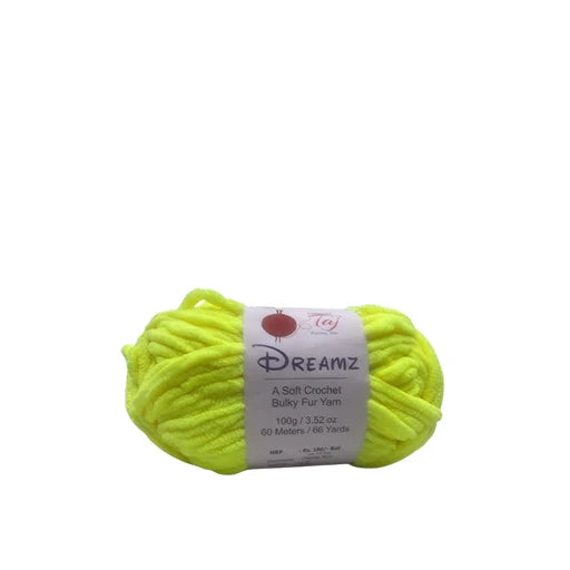 A bright neon yellow-green ball of Dreamz Soft Crochet Bulky Fur Yarn with a white paper label,