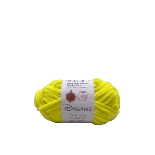 A bright yellow skein of crochet yarn with a white paper label wrapped around it, 