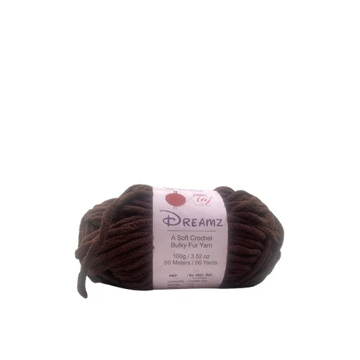 A skein of Dreamiz Bulky Fur Yarn in a dark brown color, featuring a white paper label