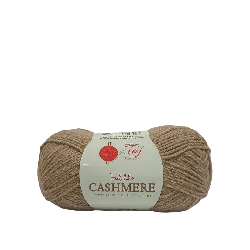 A single skein of Tez Feel Like Cashmere premium knitting yarn in a warm taupe-brown color
