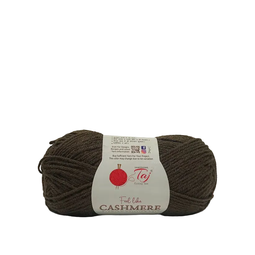 A skein of dark brown yarn with a white paper label that reads 'Feel like CASHMERE' 