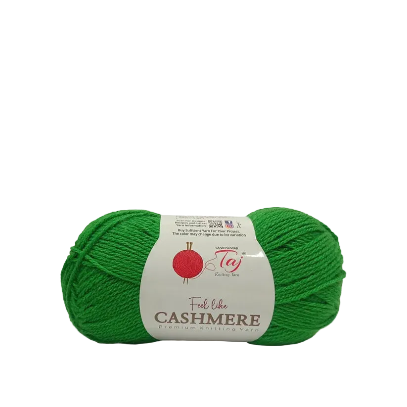 A bright green skein of Cashmere yarn with a white paper label