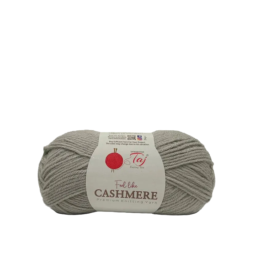 A skein of Taj Cashmere yarn in a light taupe-gray color,