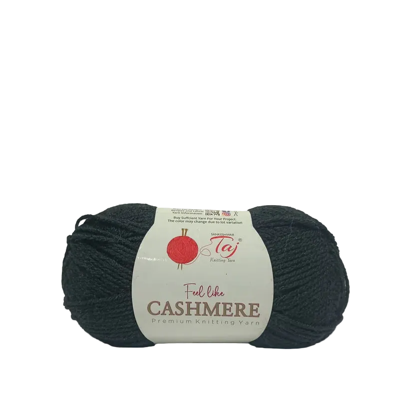 A skein of Taj Family Line 'Feel like CASHMERE' premium knitting yarn in a very dark charcoal gray