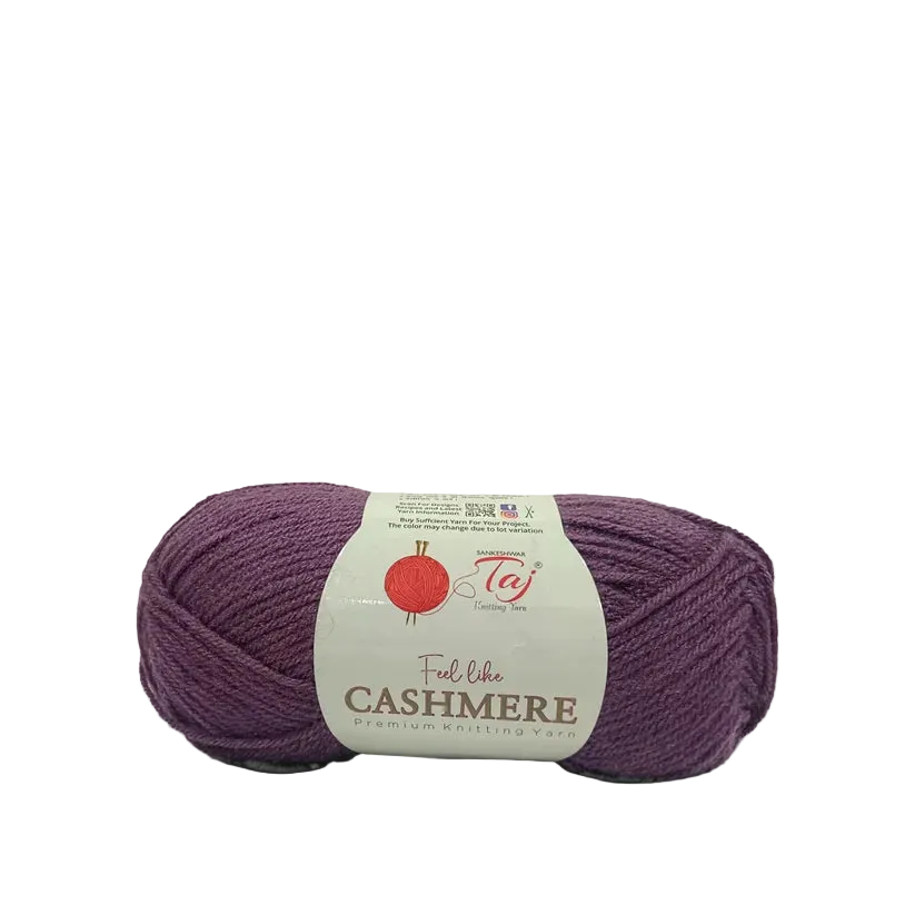 A skein of purple yarn with a white paper label that reads 'Feel like CASHMERE' 