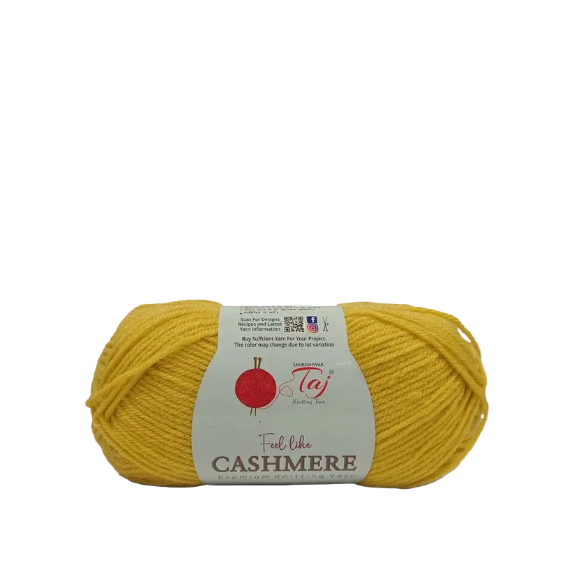 A skein of yellow yarn wrapped in a white paper label that reads 'Feel like CASHMERE'