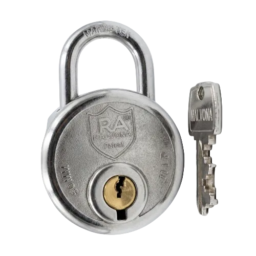 A silver round padlock with a brass keyhole and a matching key