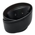 A black textured leather belt with silver-tone metal rivets, neatly coiled 