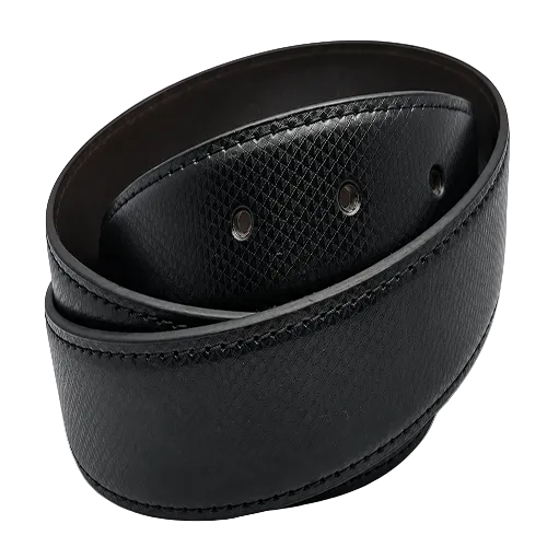 A black textured leather belt with silver-tone metal rivets, neatly coiled 