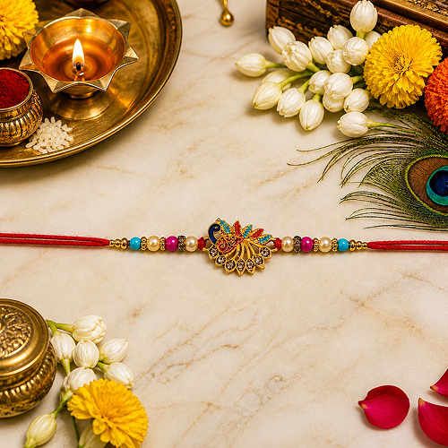 Colorful Peacock Rakhi With Stones & Beads, Elegant Festival Gift