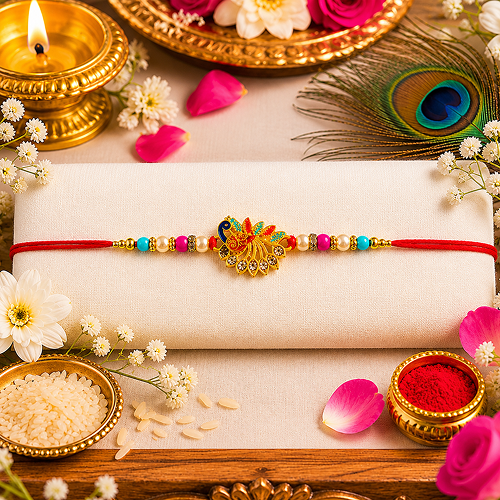Colorful Peacock Rakhi With Stones & Beads, Elegant Festival Gift