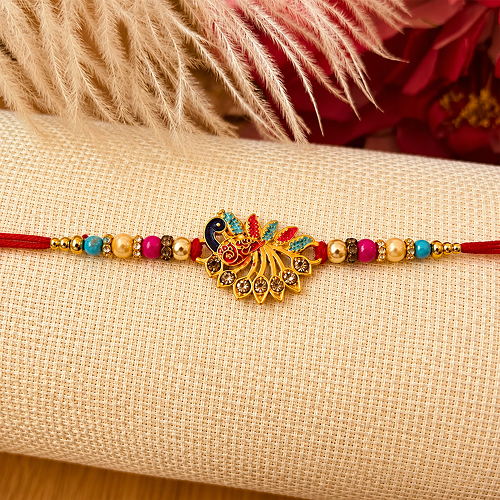 Colorful Peacock Rakhi With Stones & Beads, Elegant Festival Gift