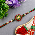 Traditional Floral Stonework Red Green Rakhi For Bhai, Happy Rakshabandhan