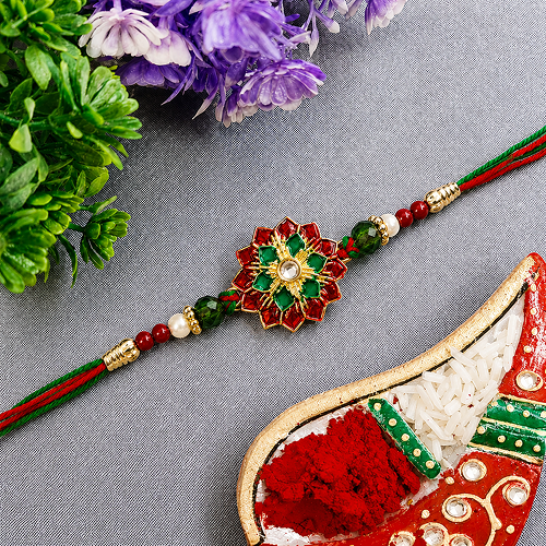Traditional Floral Stonework Red Green Rakhi For Bhai, Happy Rakshabandhan