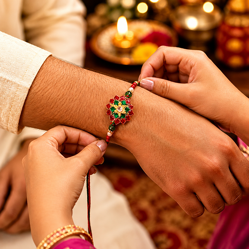 Traditional Floral Stonework Red Green Rakhi For Bhai, Happy Rakshabandhan