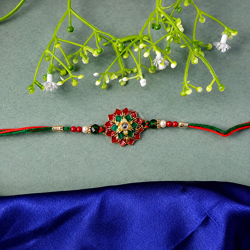 Traditional Floral Stonework Red Green Rakhi For Bhai, Happy Rakshabandhan