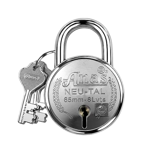 A silver metal padlock with two keys attached