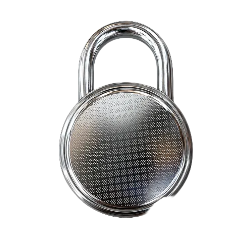 A polished silver padlock with a textured circular 