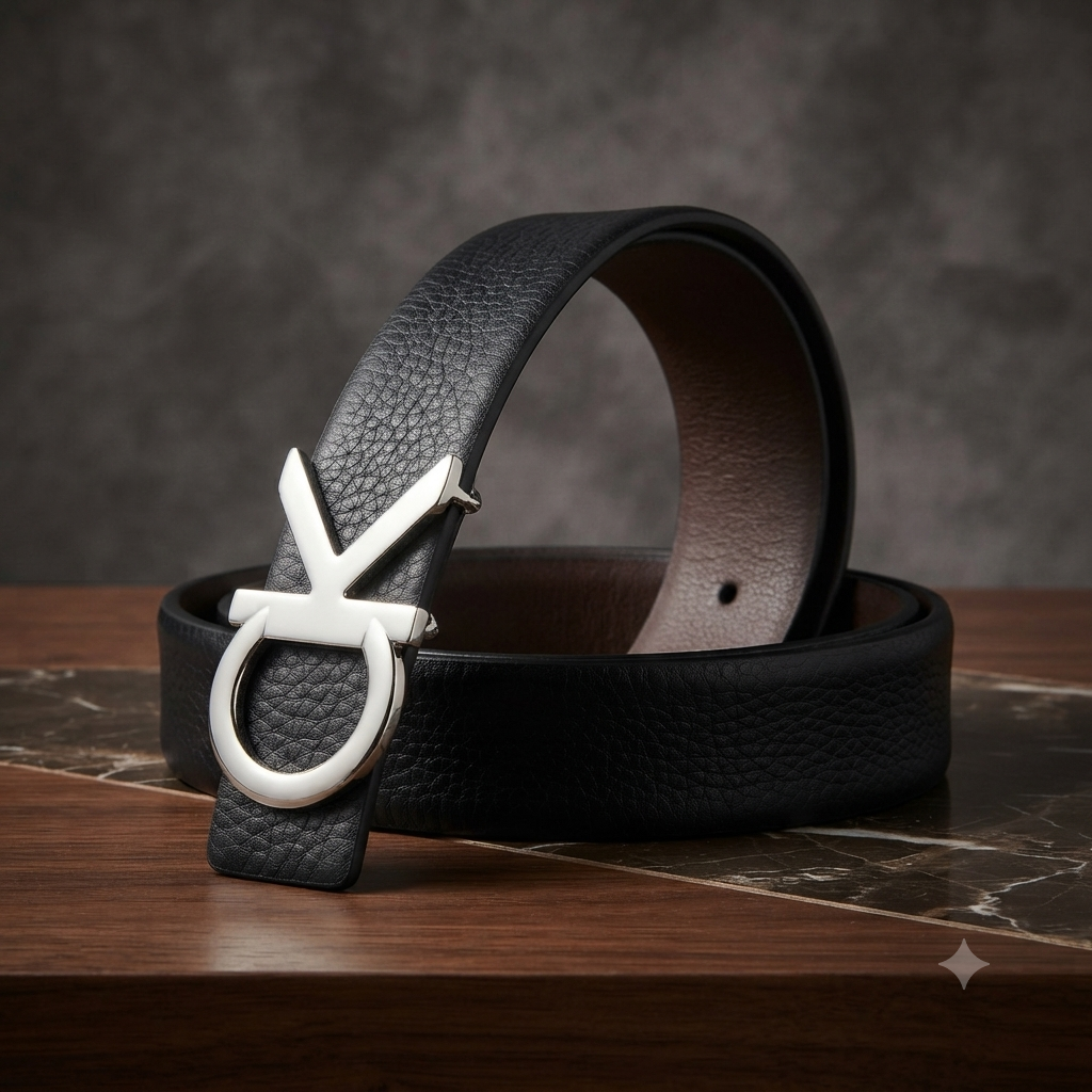 Premium CK Black Textured Leather Belt with Silver Buckle