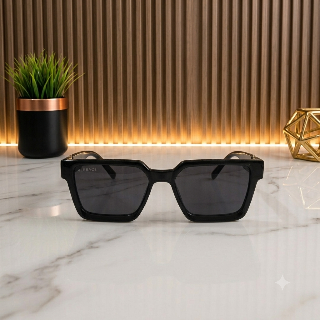 Premium Black Square Sunglasses with Gold V Accent