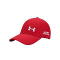 A red Under Armour baseball cap with a white embroidered logo on the front and side, shown on a light gray background.