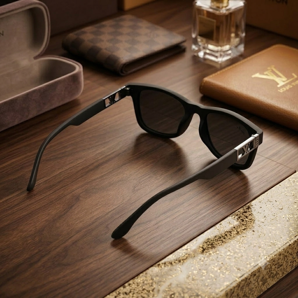 Black square sunglasses with dark lenses and silver-tone metal accents