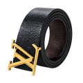 A rolled black textured leather belt with a large polished gold-tone metal buckle, photographed on a clean white studio background.