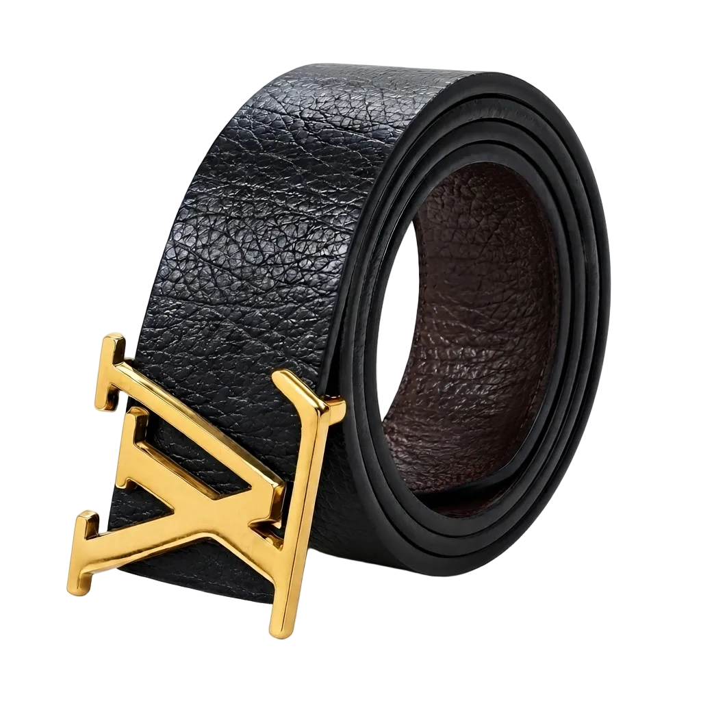 A rolled black textured leather belt with a large polished gold-tone metal buckle, photographed on a clean white studio background.