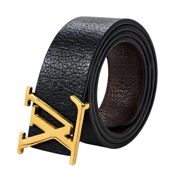 A rolled black textured leather belt with a large polished gold-tone metal buckle, photographed on a clean white studio background.