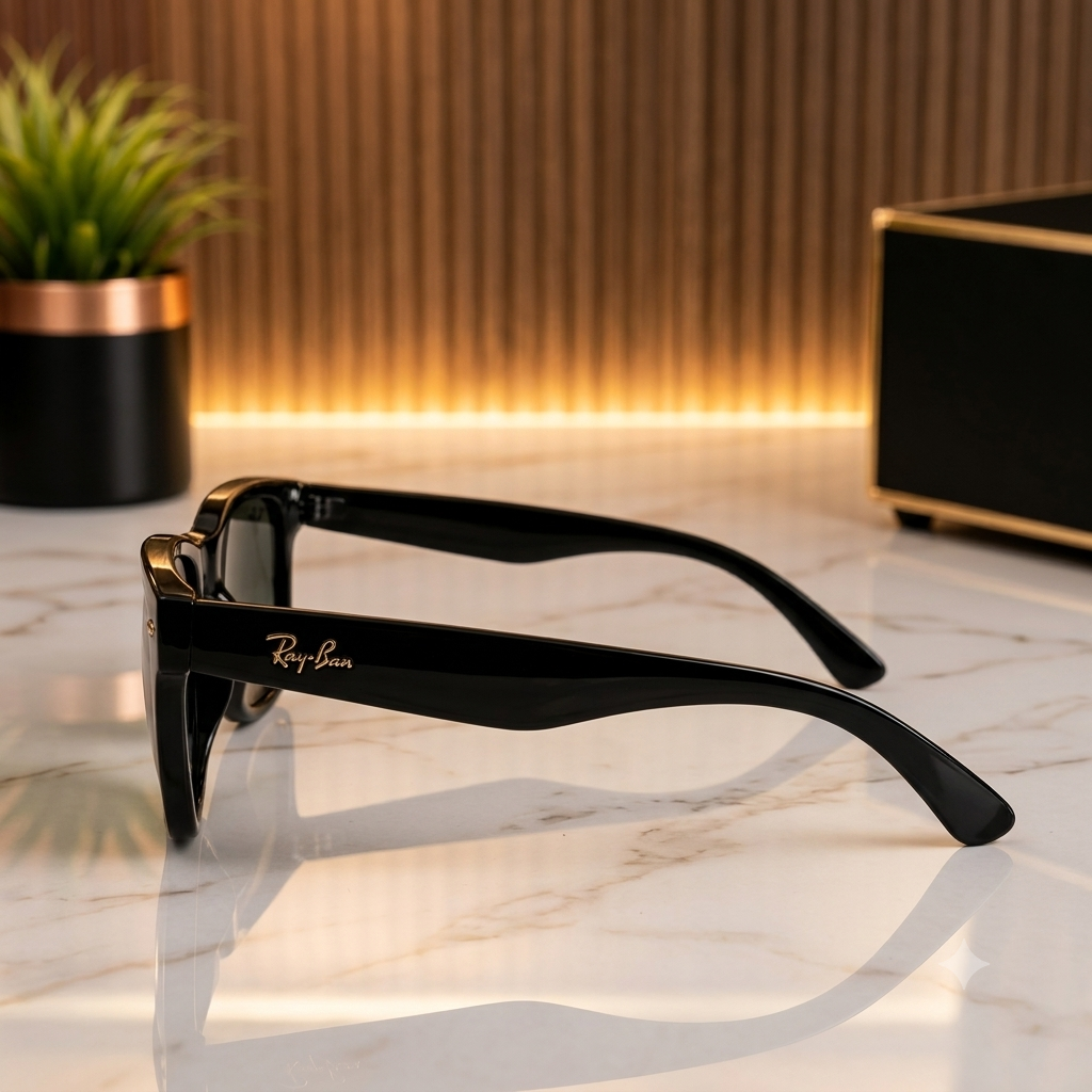 Black Ray-Ban sunglasses with gold logo lettering, resting on a white marble surface with a warm, modern background.