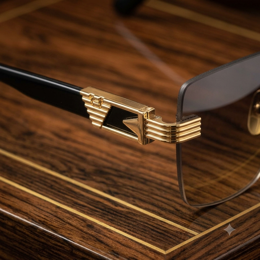 Close-up of a pair of eyeglasses resting on a polished wooden surface