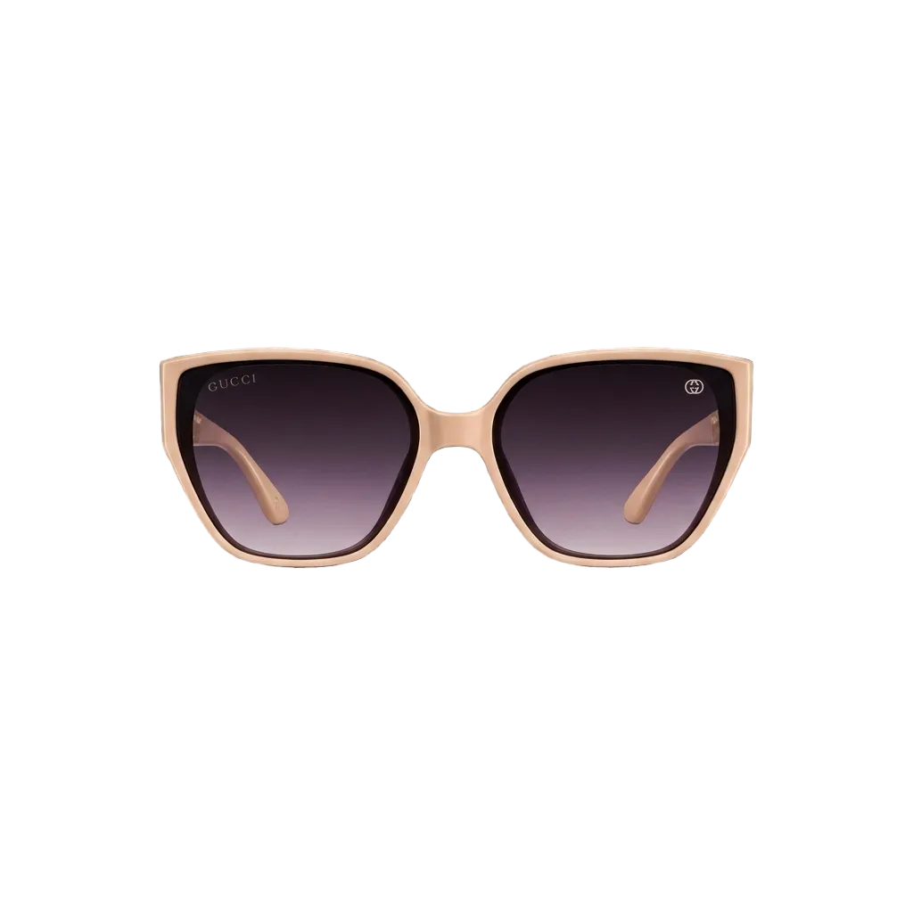 Gucci cat-eye sunglasses with a light beige frame and gradient purple lenses, 