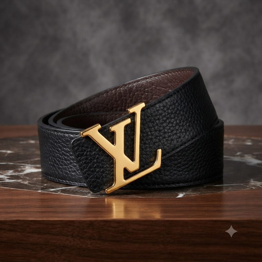 Premium LV Black Textured Leather Belt with Gold Buckle