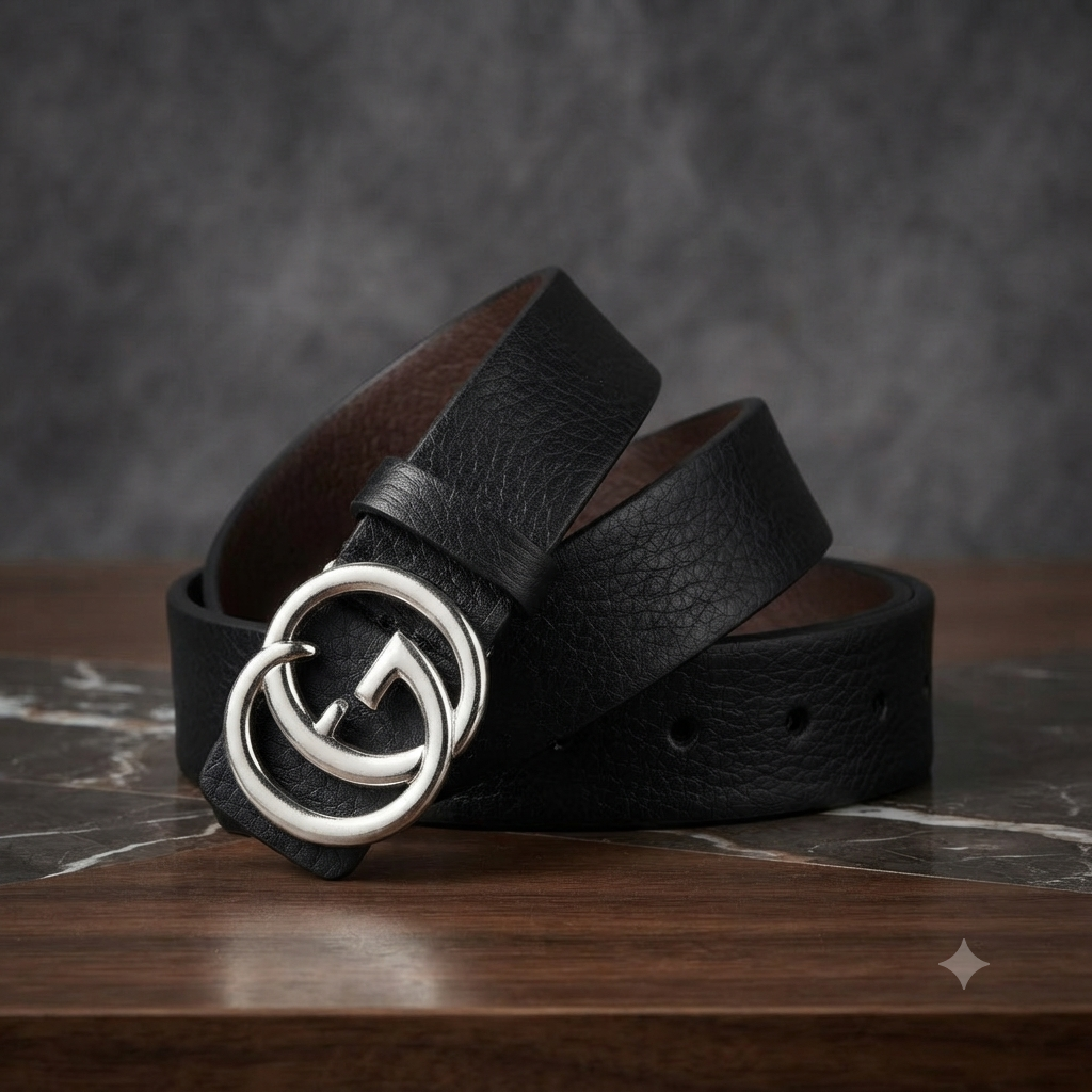 Premium GG Black Textured Leather Belt with Silver Buckle