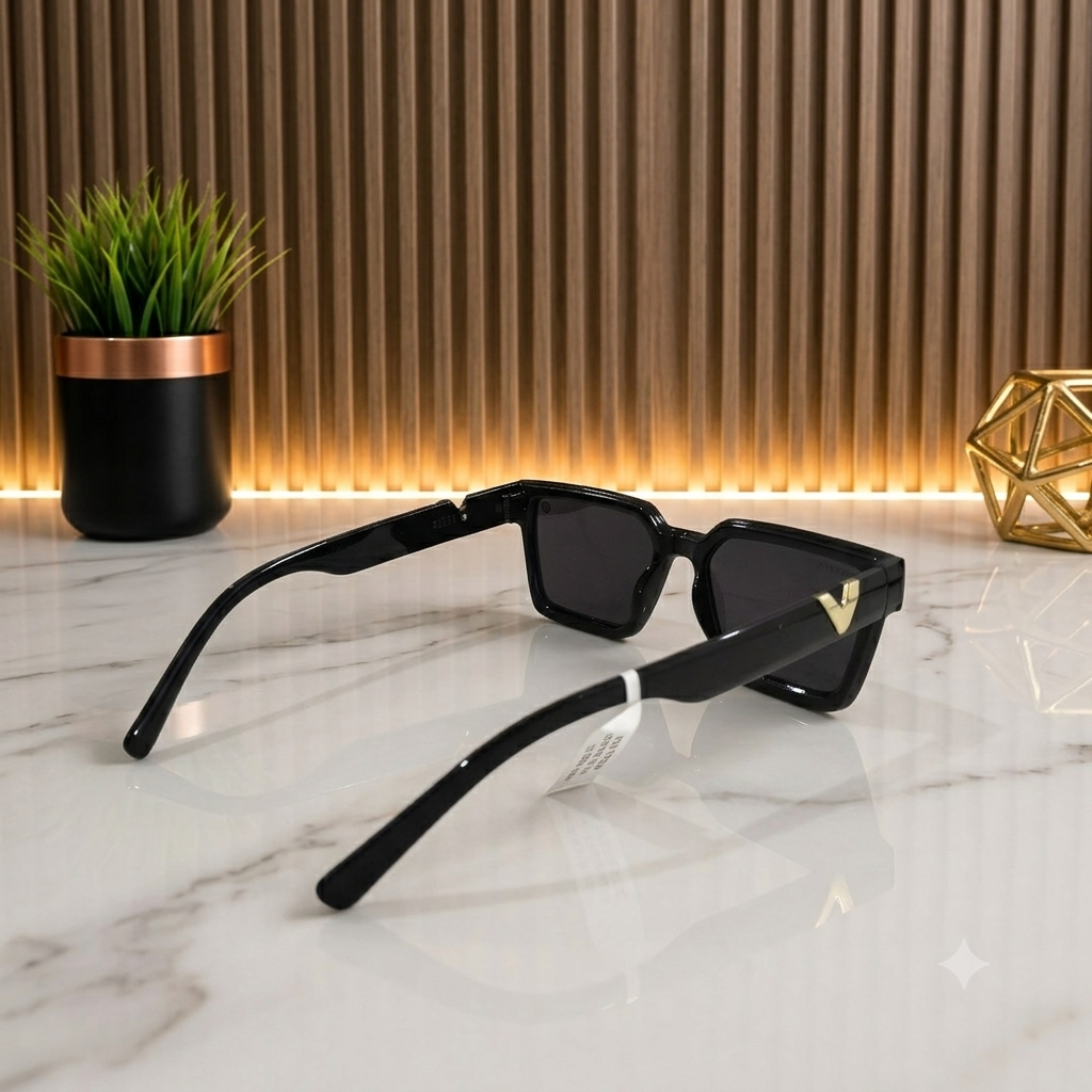 Premium Black Square Sunglasses with Gold V Accent