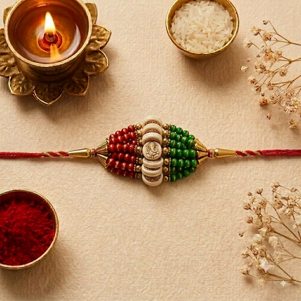 Handmade Rakhi with Red, White & Green Beads | Golden Accent Rakhi for Brother