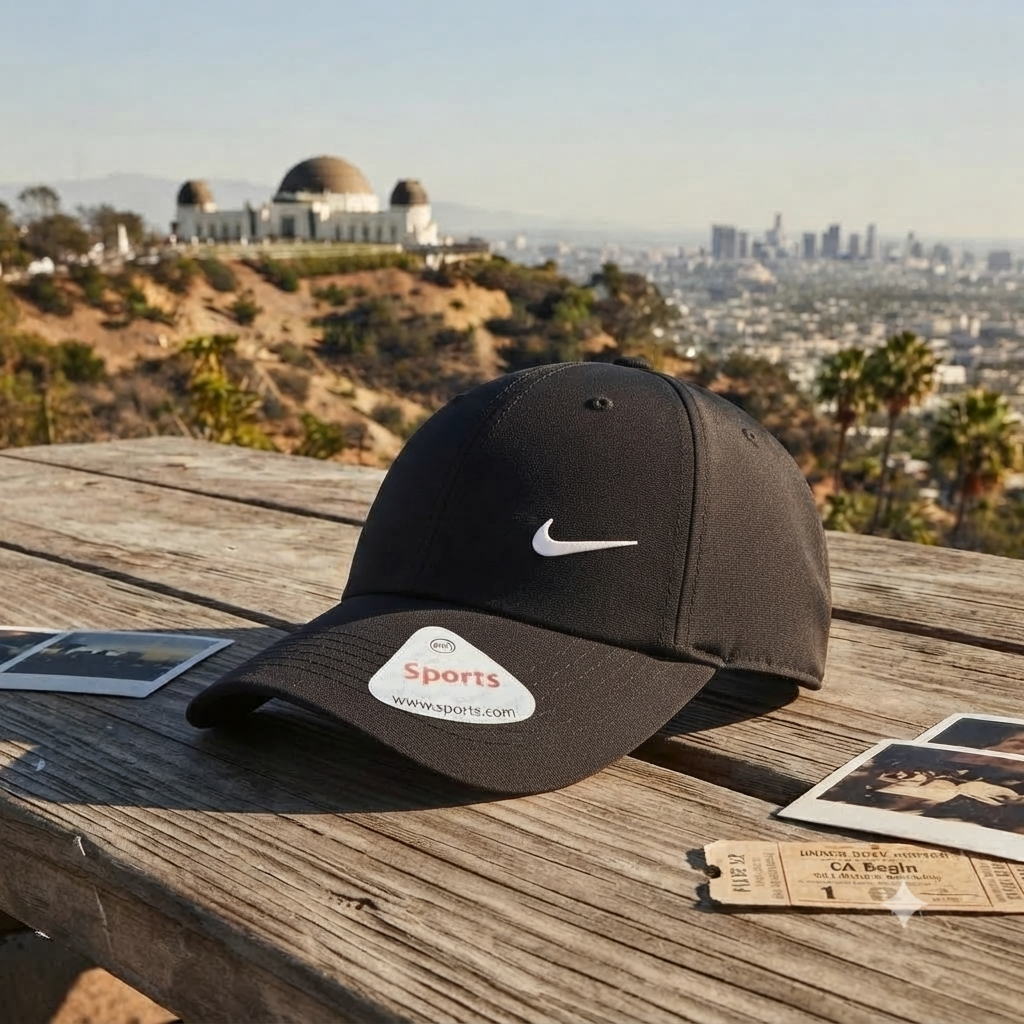 A black Nike baseball cap with a white swoosh logo sits on a weathered wooden table outdoors, with a scenic view of Los Angeles hills and the city skyline in the background.