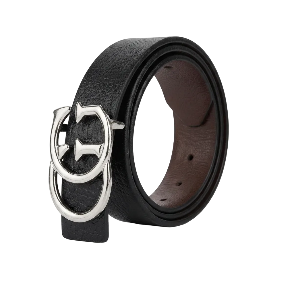 A black textured leather belt with a large silver-tone interlocking double-ring buckle, coiled on a white background.