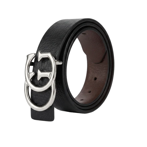 A black textured leather belt with a large silver-tone interlocking double-ring buckle, coiled on a white background.