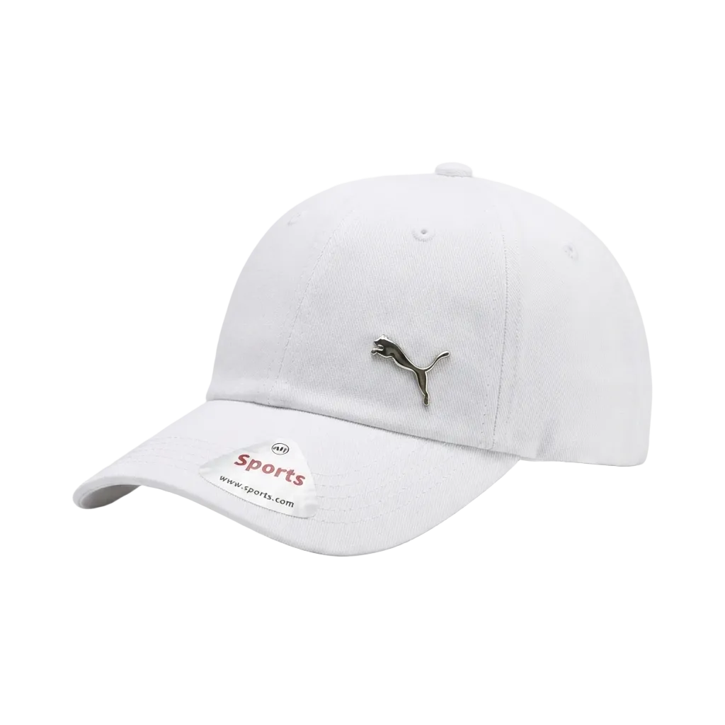 A white Puma Sports baseball cap with a small silver Puma logo on the front and a white visor label showing 'Puma Sports' and 'www.puma.
