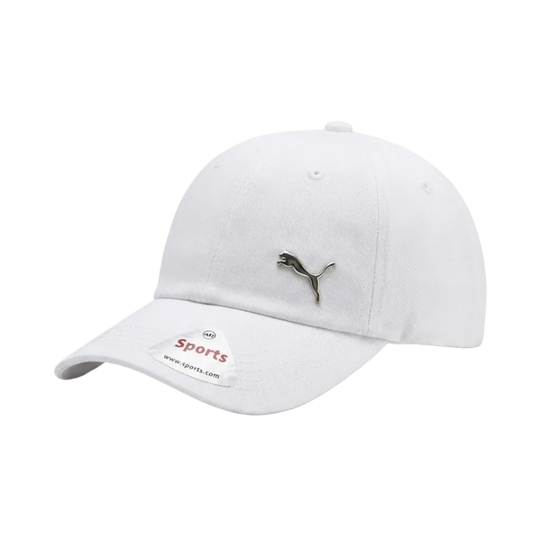 A white Puma Sports baseball cap with a small silver Puma logo on the front and a white visor label showing 'Puma Sports' and 'www.puma.