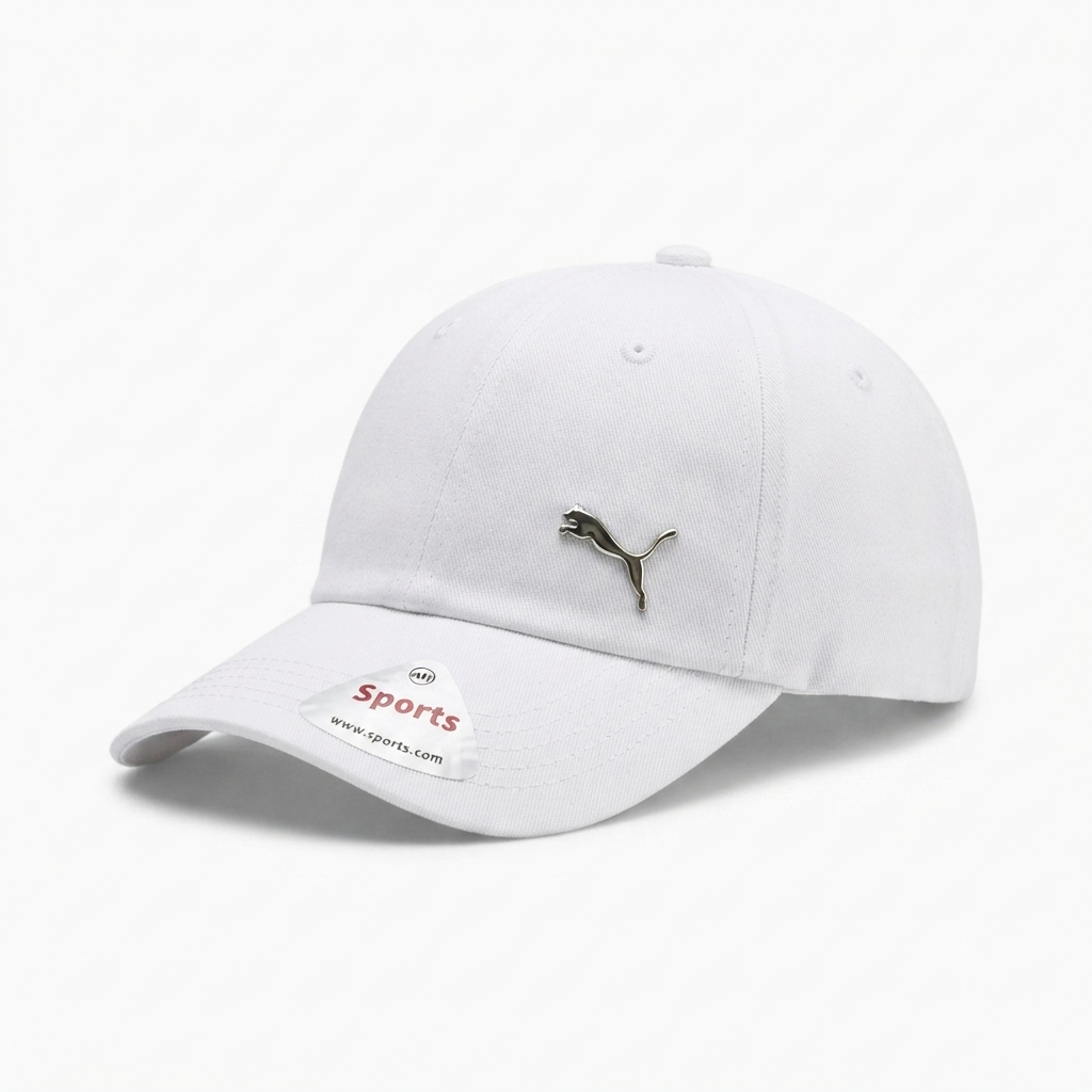 A white Puma Sports baseball cap with a small silver Puma logo on the front and a white visor label showing 'Puma Sports' and 'www.puma.