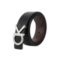 A black textured leather belt with a polished silver-tone metal buckle, coiled on a clean white background.