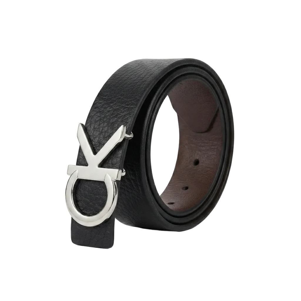 A black textured leather belt with a polished silver-tone metal buckle, coiled on a clean white background.
