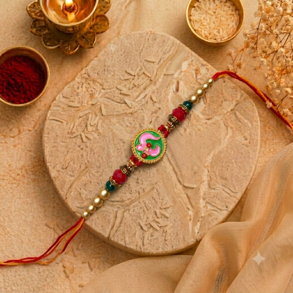 Handcrafted Designer Om Rakhi with Pearl Beads for Brother