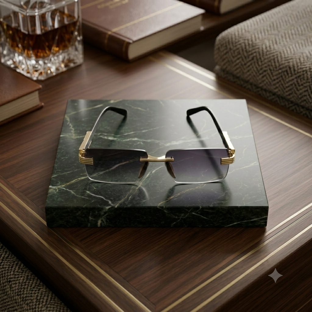 A pair of rimless square sunglasses with gold metal temples and dark lenses
