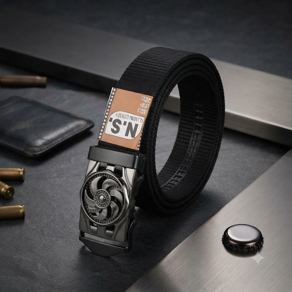 A black tactical-style belt with a dark metallic automatic buckle, displayed on a dark textured surface with a walle