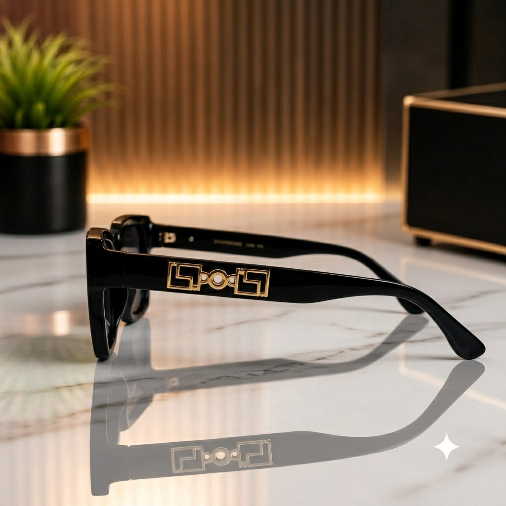 Premium Black Square Sunglasses with Gold Geometric Detail